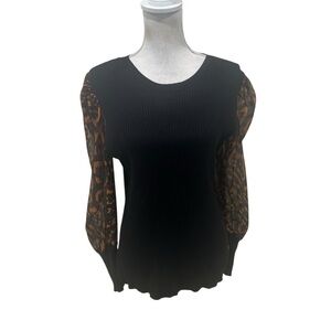 DKNY Black ribbed knit sweater sheer puff Animal Print Sleeves size xl